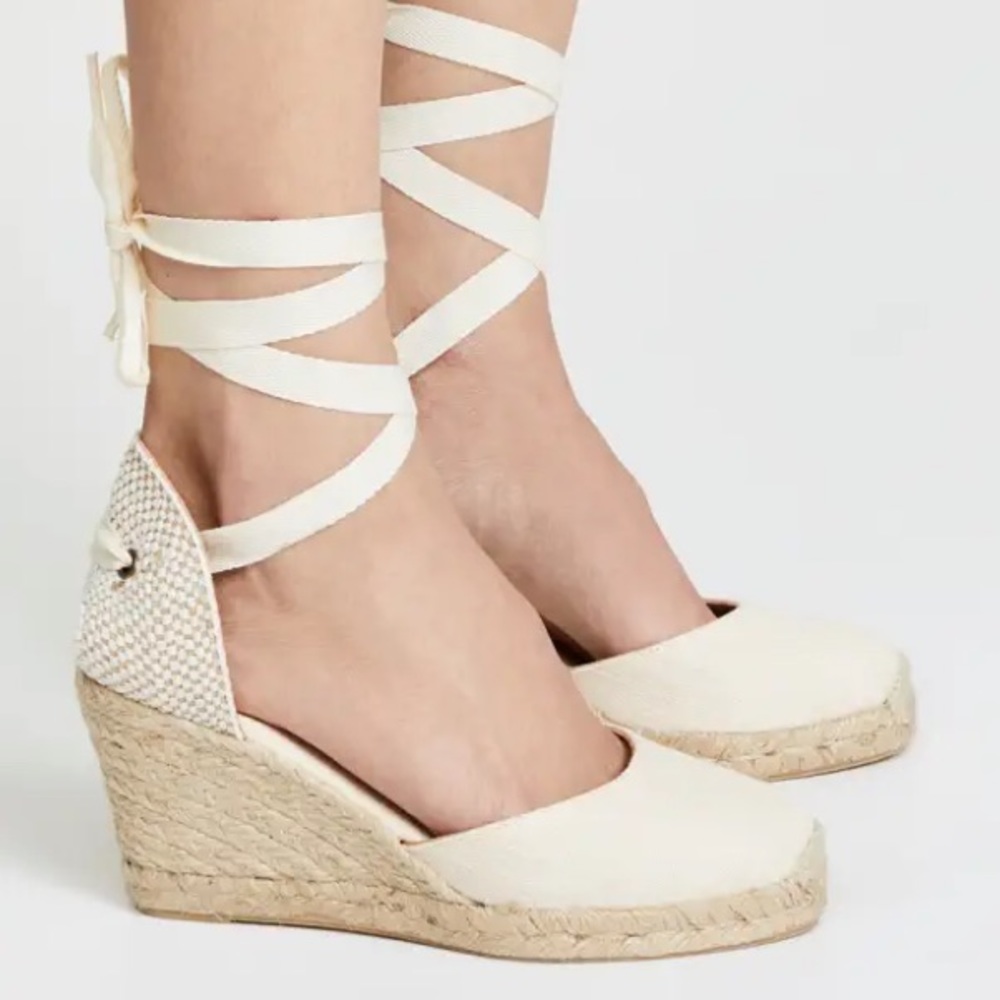 Soludos lace up ankle wedge espadrilles.